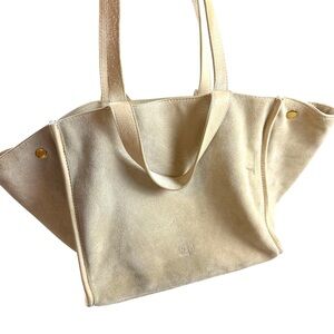 Margot NY Jamee Suede Leather Tote Double Handle Tan Cream Large Everyday Bag